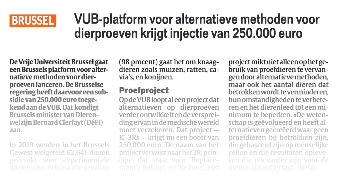 VUB-platform voor alternatieve methoden voor dierproeven krijgt injectie van 250.000 euro