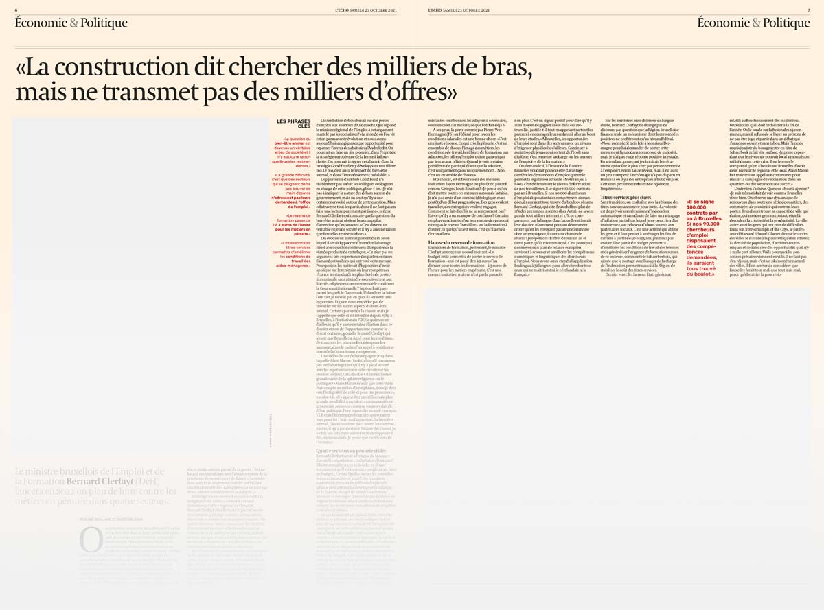 Coupure de presse du quotidien "L'Écho" - interview de Bernard Clerfayt - "La construction dit charcher des milliers de bras, mais ne transmet pas des milliers d'offres"