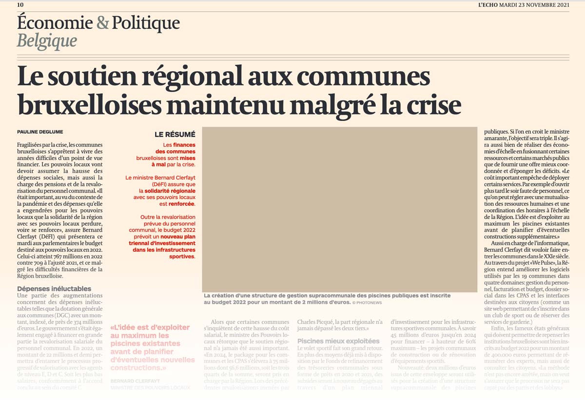 Extrait de presse - Article de L'Écho - Le soutien régional aux communes bruxelloises maintenu malgré la crise