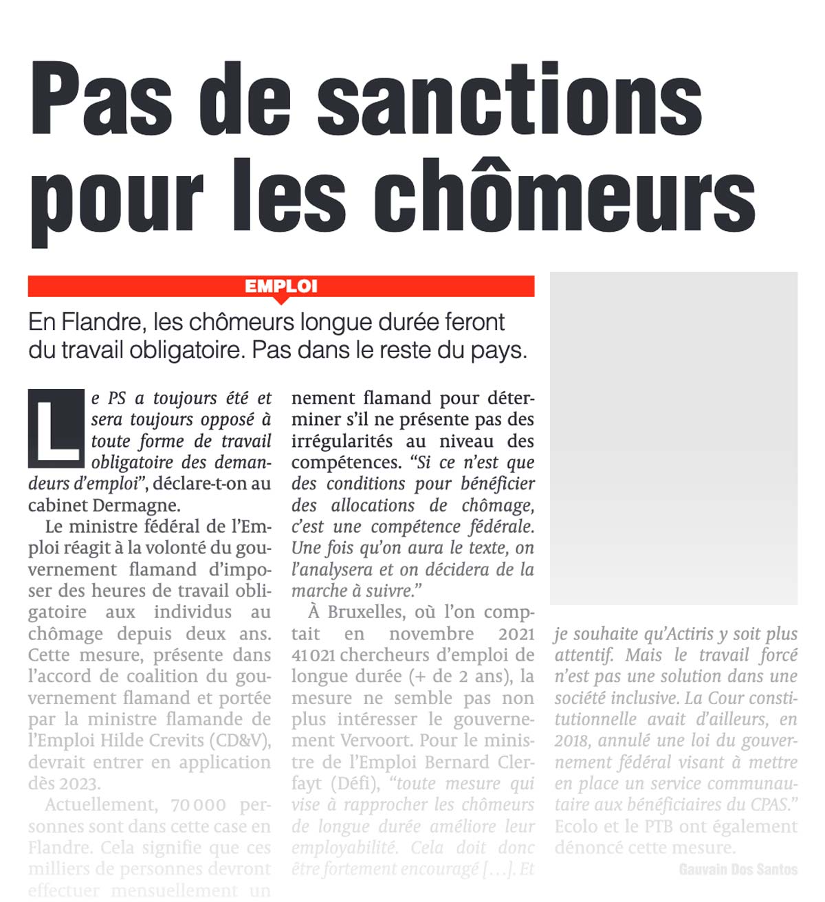 Coupure de presse - La Dernière Heure - "Pas de sanctions pour les chômeurs"