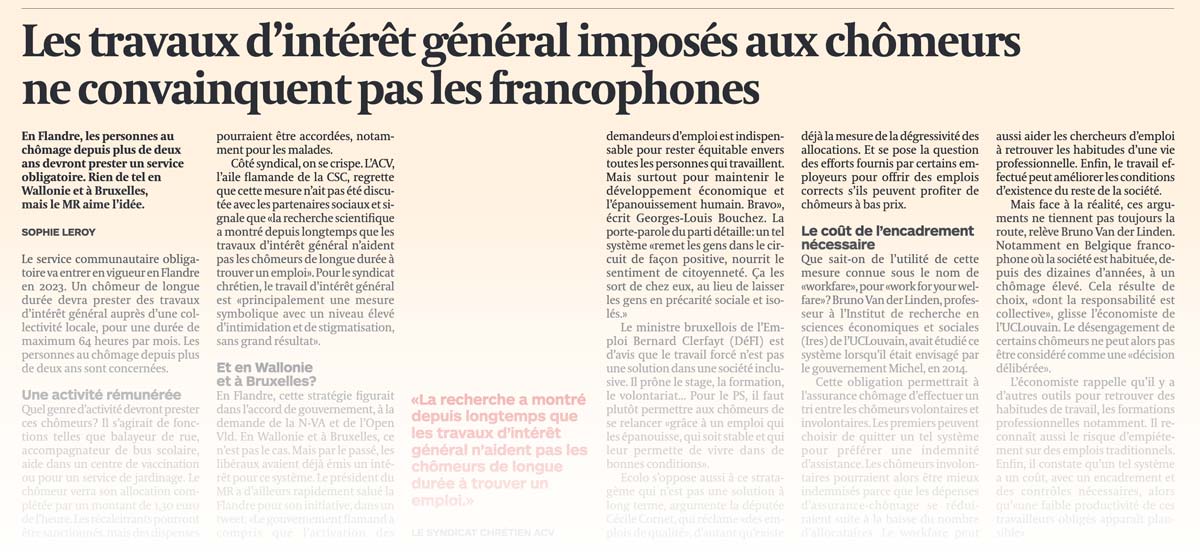 Coupure de presse - L'Echo - Les travaux d’intérêt général imposés aux chômeurs ne convainquent pas les francophones