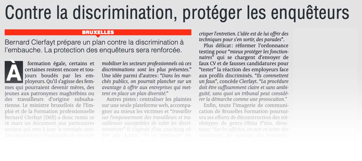 Extrait de presse, La Dernière Heure : "Contre la discrimination, protéger les enquêteurs".