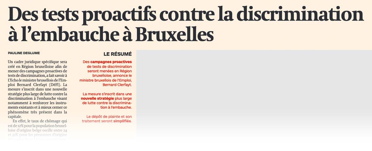 Extrait de presse, L'Echo : "Des tests proactifs contre la discrimination à l'embauche à Bruxelles"