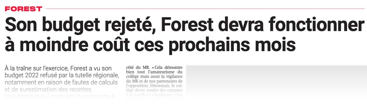 Extrait de presse, La Capitale : "Son budget rejeté, Forest devra fonctionner à moindre coût ces prochains mois"