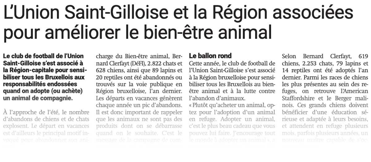 Extrait de presse, La Capitale : "L'union Saint-Gilloise et la Région associées pour améliorer le bien-être animal".