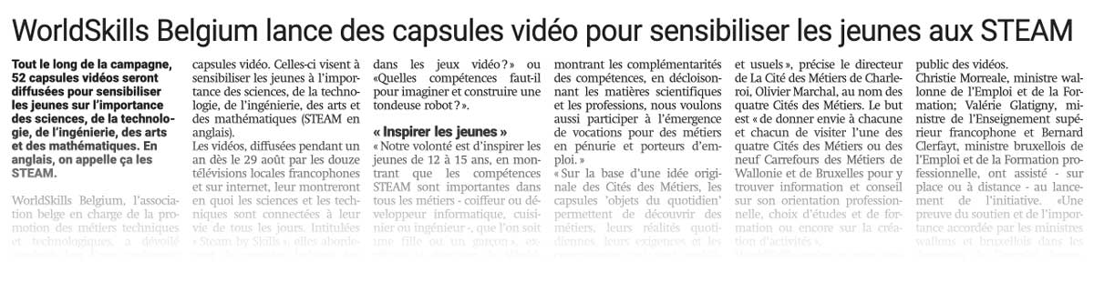 Extrait de presse, La Capitale : "WorldSkills Belgium lance des capsules vidéo pour sensibiliser les jeunes aux STEAM