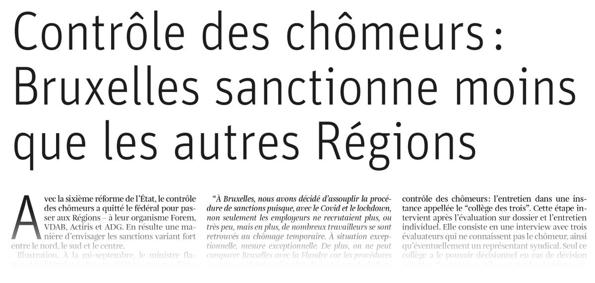 Extrait de presse, La Libre : "Contrôle des chômeurs : Bruxelles sanctionne moins que les autres Régions"