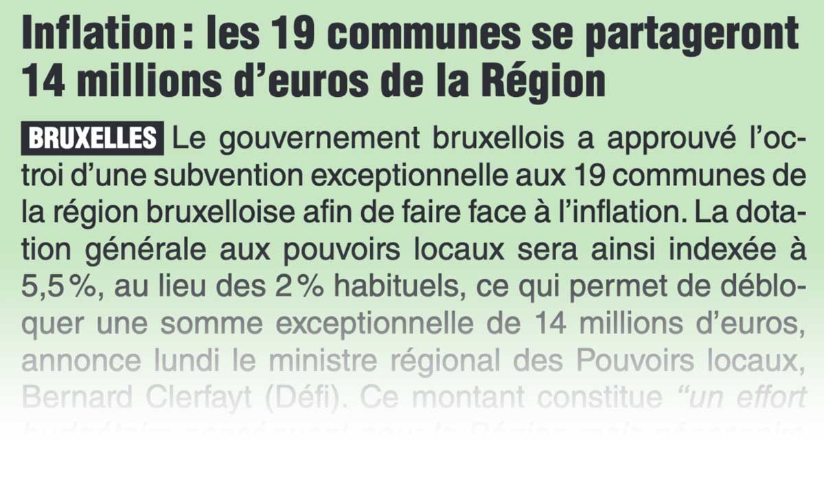 Extrait de presse, La Dernière Heure : "Inflation : les 19 communes se partageront 14 millions d’euros de la Région"