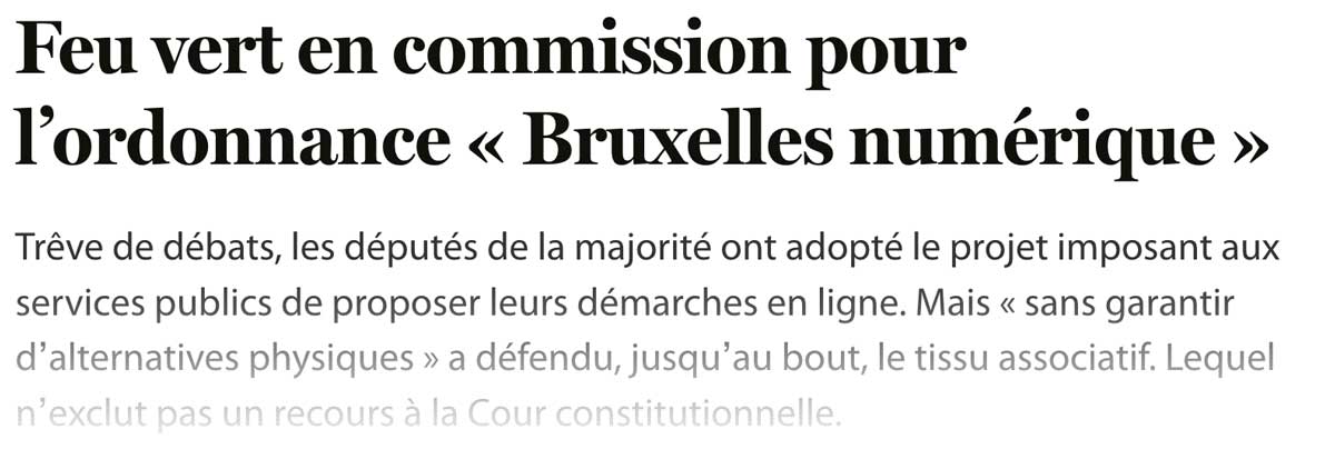 Extrait de presse, Le Soir : «Services publics - Feu vert pour l’ordonnance "Bruxelles numérique"»
