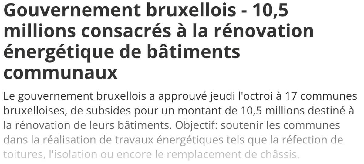 Extrait de presse, La Dernière Heure : "10,5 millions consacrés à la rénovation énergétique de bâtiments communaux".