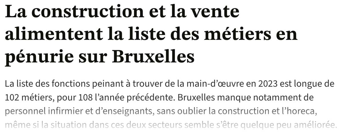 Extrait de presse, Le Soir ; "La construction et la vente alimentent la liste des métiers en pénurie sur Bruxelles".