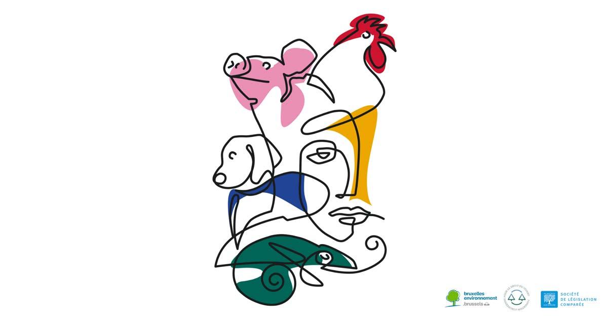 Ideogram van het verslag van het colloquium over het dierenrecht “Van domesticatie tot bescherming” – gestileerde grafische compositie van verschillende dieren